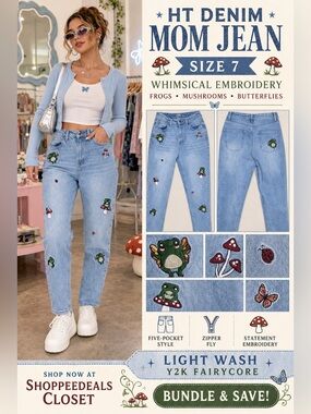 HT Denim Mom Jeans Size 7 Light Wash Embroidered Frog Mushroom Fairycore